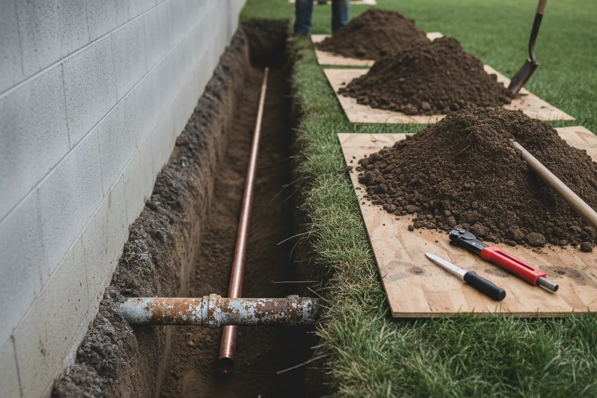 Excavated water line trench during Sewer Line Repair in Valley Center